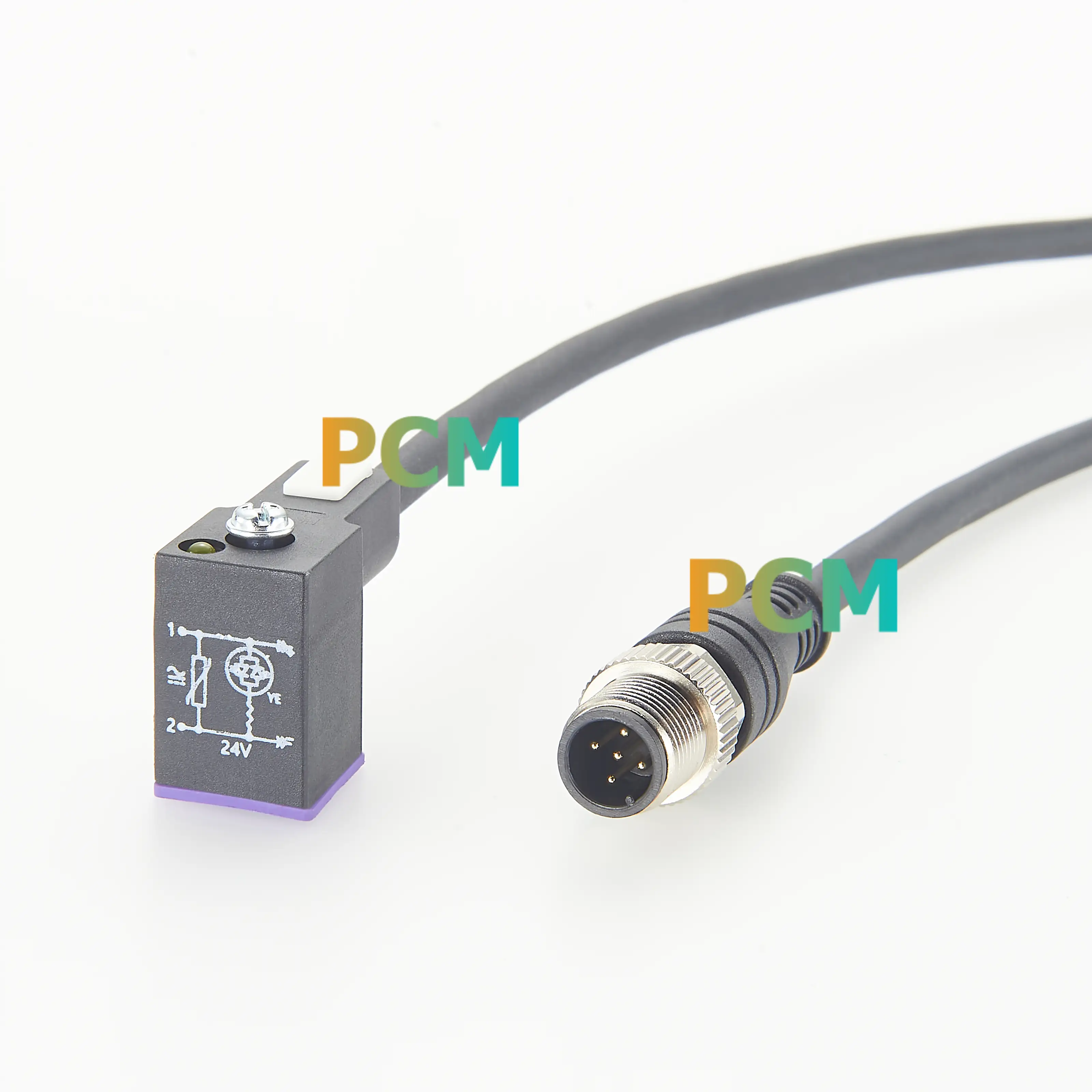 M12 5-ピン オス - DIN 43650 Form C バルブ コネクタ ケーブル、黄色 LED および VDR 付き、IFM E11427 E11429 と互換性あり